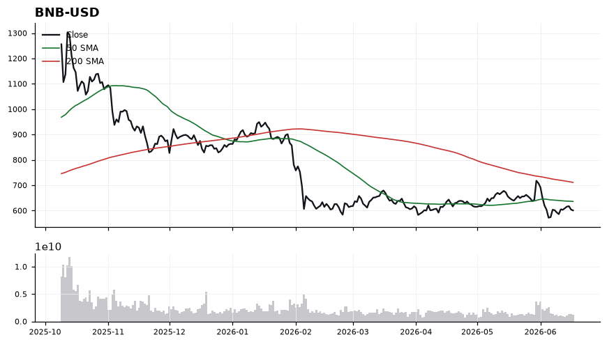 BNB (BNB) price chart with 50 and 200 day moving averages