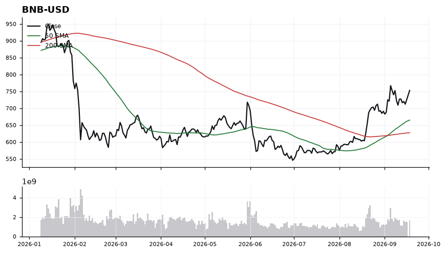 BNB (BNB) price chart with 50 and 200 day moving averages